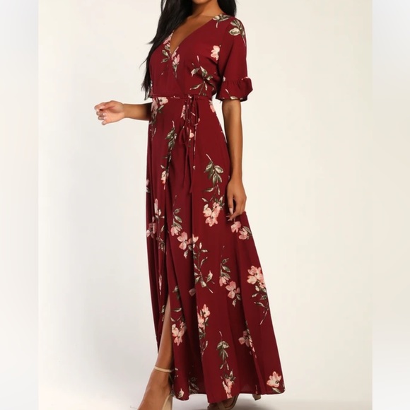 Lulu’s September Sunsets Burgundy Floral Print Wrap Maxi Dress - Picture 7 of 8